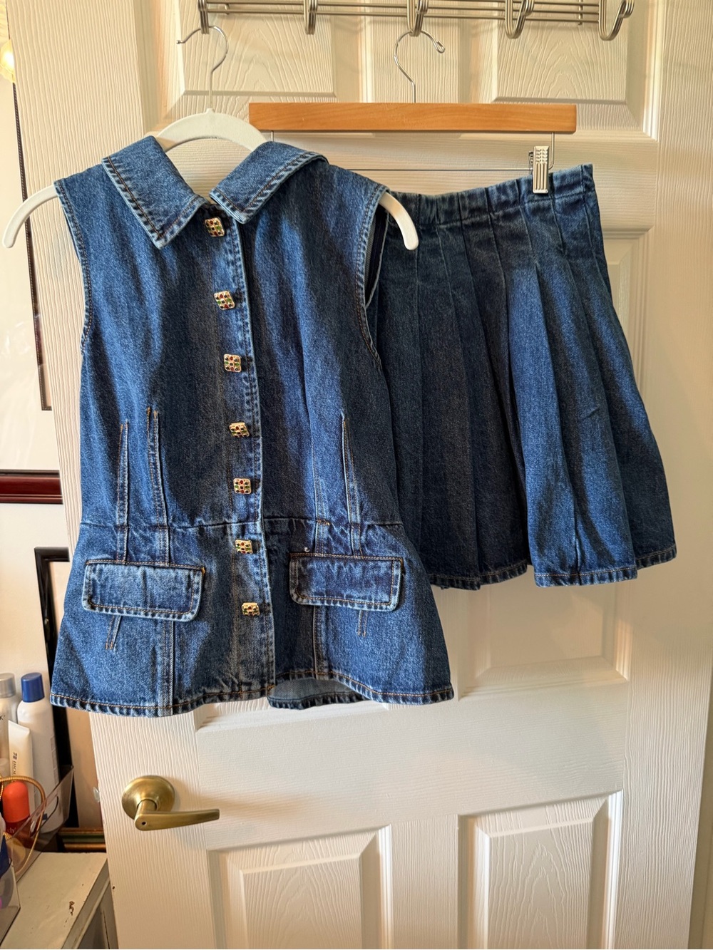 Self-Portrait Dark Indigo Denim Vest & Pleated Skirt Set